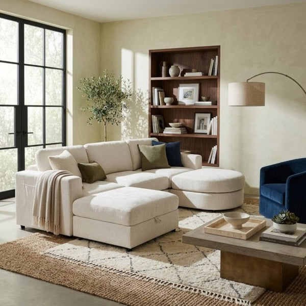 English Elm U-Style Chenille U Shaped Sectional with Storage Ottoman and Drop Down Console Beige WY000553AAA