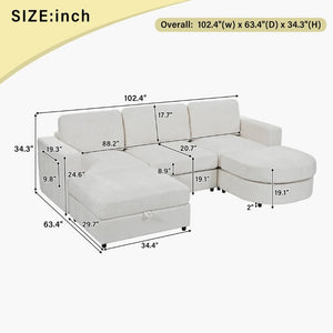 English Elm U-Style Chenille U Shaped Sectional with Storage Ottoman and Drop Down Console Beige WY000553AAA