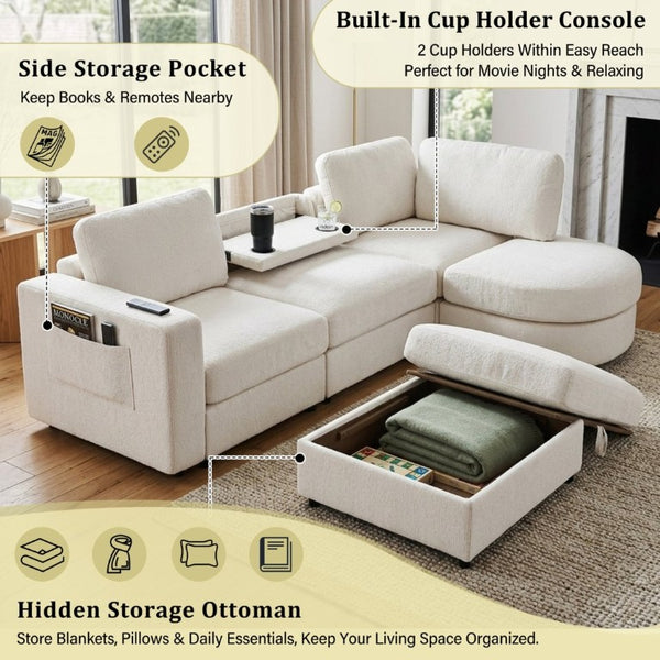 English Elm U-Style Chenille U Shaped Sectional with Storage Ottoman and Drop Down Console Beige WY000553AAA
