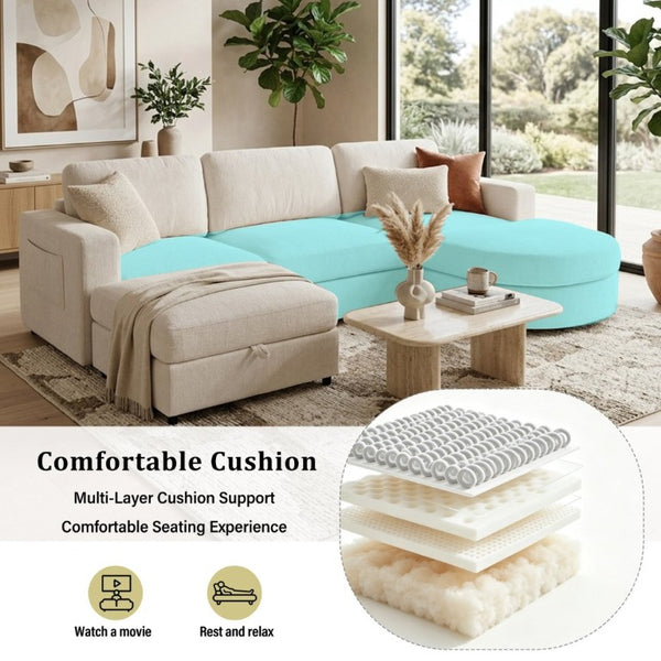 English Elm U-Style Chenille U Shaped Sectional with Storage Ottoman and Drop Down Console Beige WY000553AAA