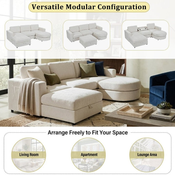English Elm U-Style Chenille U Shaped Sectional with Storage Ottoman and Drop Down Console Beige WY000553AAA