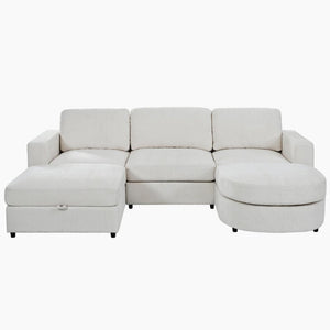 English Elm U-Style Chenille U Shaped Sectional with Storage Ottoman and Drop Down Console Beige WY000553AAA