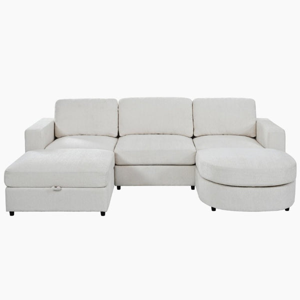 English Elm U-Style Chenille U Shaped Sectional with Storage Ottoman and Drop Down Console Beige WY000553AAA