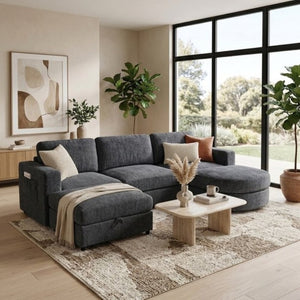 English Elm U-Style Chenille U Shaped Sectional with Storage Ottoman and Drop Down Console Grey WY000553AAE
