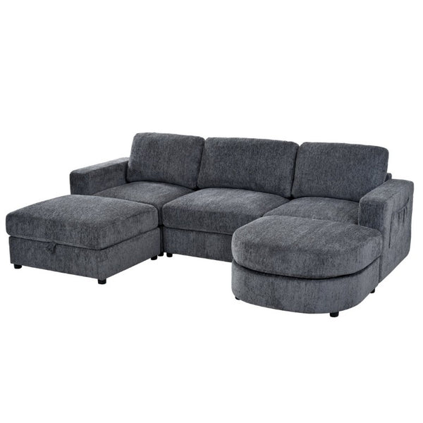 English Elm U-Style Chenille U Shaped Sectional with Storage Ottoman and Drop Down Console Grey WY000553AAE