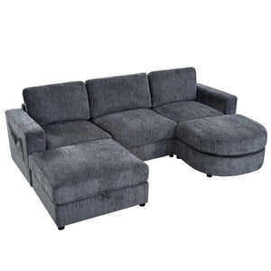 English Elm U-Style Chenille U Shaped Sectional with Storage Ottoman and Drop Down Console Grey WY000553AAE