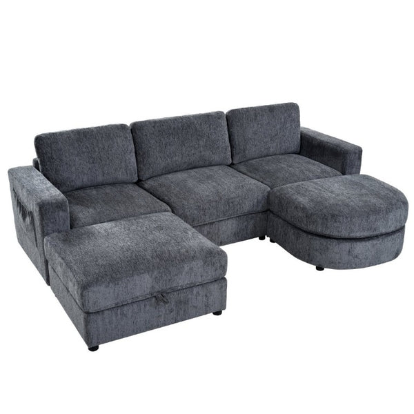 English Elm U-Style Chenille U Shaped Sectional with Storage Ottoman and Drop Down Console Grey WY000553AAE