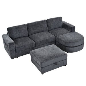 English Elm U-Style Chenille U Shaped Sectional with Storage Ottoman and Drop Down Console Grey WY000553AAE