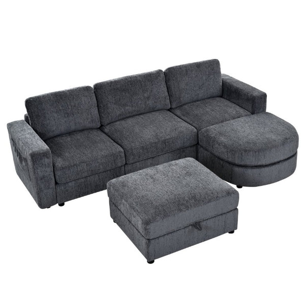 English Elm U-Style Chenille U Shaped Sectional with Storage Ottoman and Drop Down Console Grey WY000553AAE