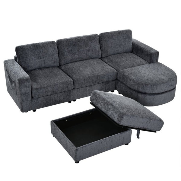 English Elm U-Style Chenille U Shaped Sectional with Storage Ottoman and Drop Down Console Grey WY000553AAE