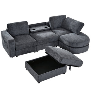 English Elm U-Style Chenille U Shaped Sectional with Storage Ottoman and Drop Down Console Grey WY000553AAE