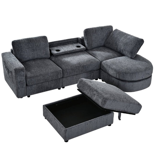 English Elm U-Style Chenille U Shaped Sectional with Storage Ottoman and Drop Down Console Grey WY000553AAE