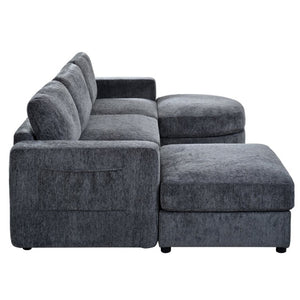 English Elm U-Style Chenille U Shaped Sectional with Storage Ottoman and Drop Down Console Grey WY000553AAE