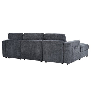 English Elm U-Style Chenille U Shaped Sectional with Storage Ottoman and Drop Down Console Grey WY000553AAE