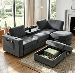 English Elm U-Style Chenille U Shaped Sectional with Storage Ottoman and Drop Down Console Grey WY000553AAE