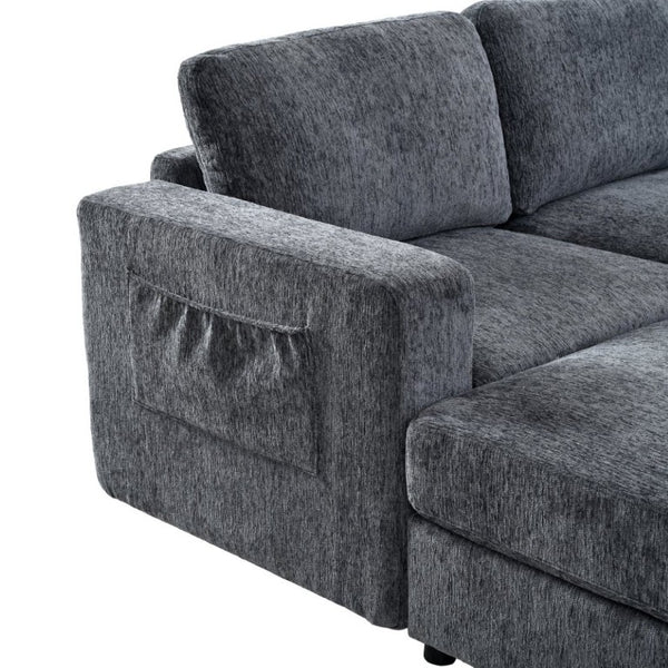 English Elm U-Style Chenille U Shaped Sectional with Storage Ottoman and Drop Down Console Grey WY000553AAE