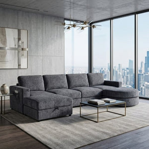 English Elm U-Style Chenille U Shaped Sectional with Storage Ottoman and Drop Down Console Grey WY000553AAE