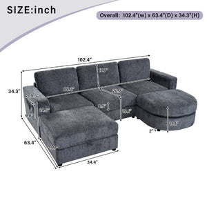 English Elm U-Style Chenille U Shaped Sectional with Storage Ottoman and Drop Down Console Grey WY000553AAE