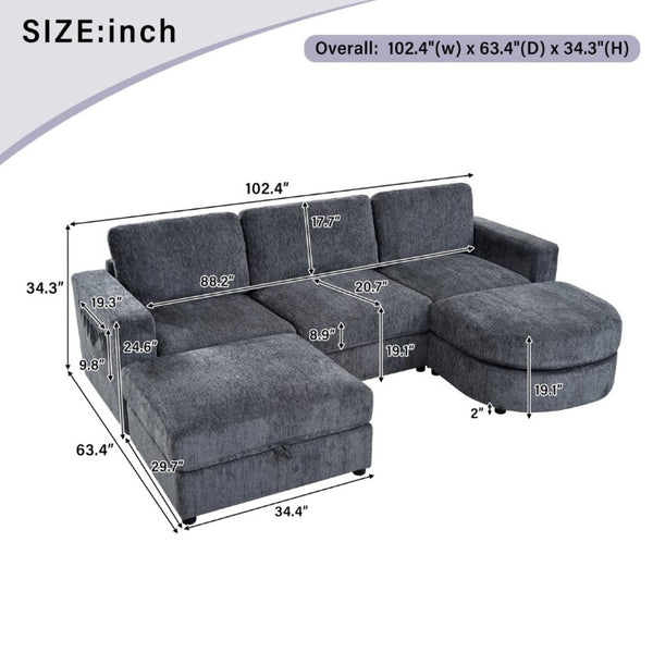 English Elm U-Style Chenille U Shaped Sectional with Storage Ottoman and Drop Down Console Grey WY000553AAE