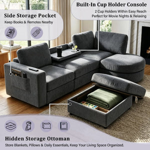 English Elm U-Style Chenille U Shaped Sectional with Storage Ottoman and Drop Down Console Grey WY000553AAE