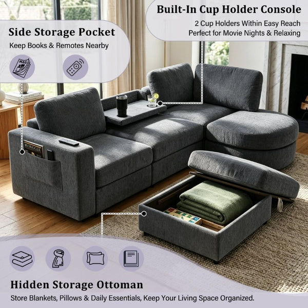 English Elm U-Style Chenille U Shaped Sectional with Storage Ottoman and Drop Down Console Grey WY000553AAE