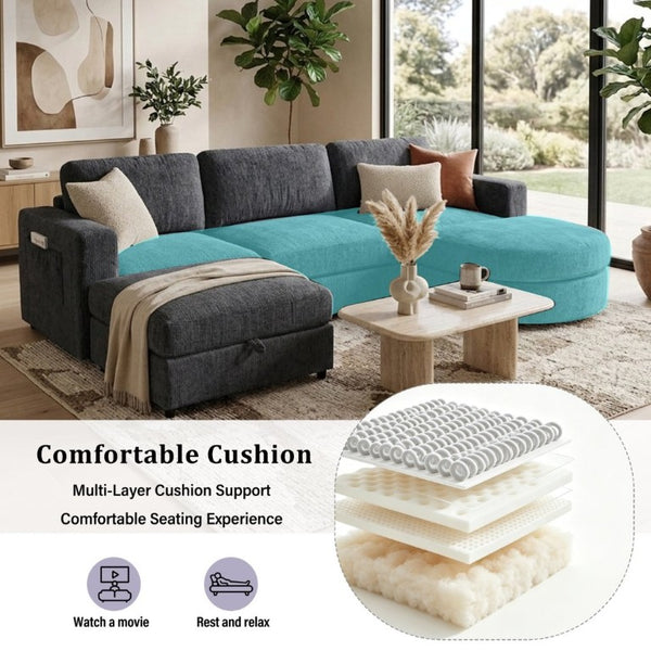 English Elm U-Style Chenille U Shaped Sectional with Storage Ottoman and Drop Down Console Grey WY000553AAE