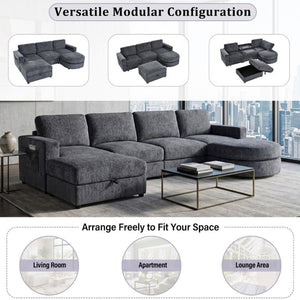 English Elm U-Style Chenille U Shaped Sectional with Storage Ottoman and Drop Down Console Grey WY000553AAE