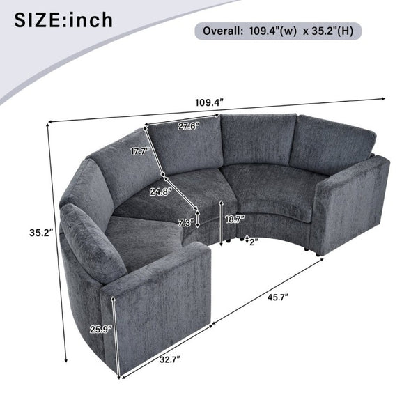 English Elm 109.4 Inch Semi Circular Chenille Sectional Sofa Deep Wraparound Seating for Living Rooms Grey WY000554AAE