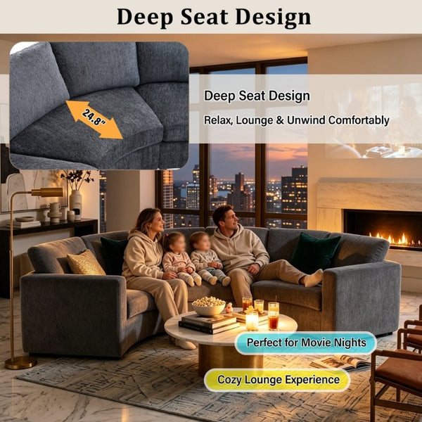 English Elm 109.4 Inch Semi Circular Chenille Sectional Sofa Deep Wraparound Seating for Living Rooms Grey WY000554AAE