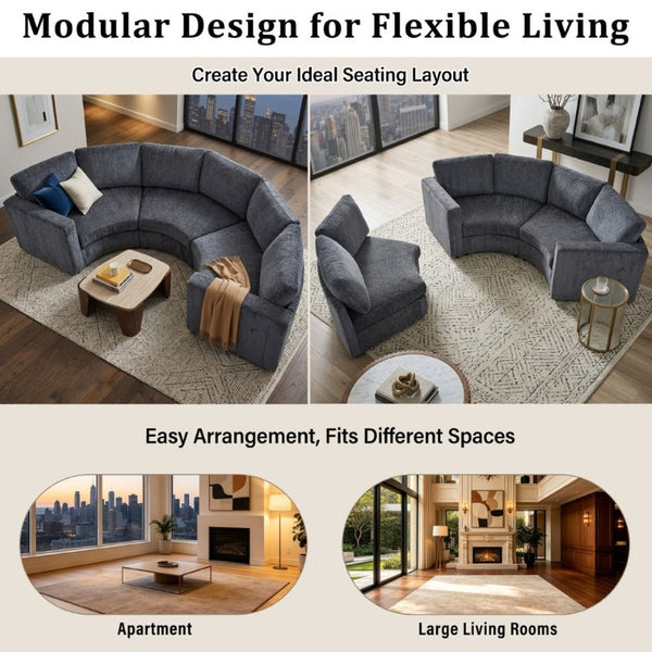 English Elm 109.4 Inch Semi Circular Chenille Sectional Sofa Deep Wraparound Seating for Living Rooms Grey WY000554AAE