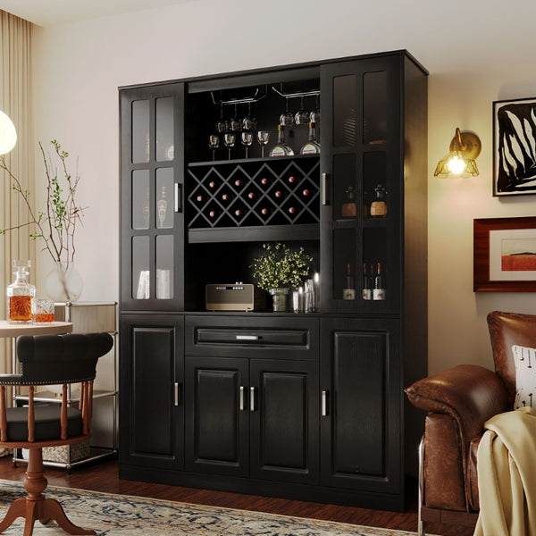 English Elm U_style Tall Freestanding Bar Cabinet with Wine Rack Stemware Holder and Soft Close Doors WY000555AAB