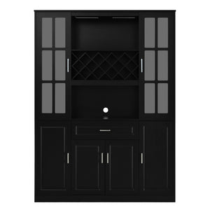 English Elm U_style Tall Freestanding Bar Cabinet with Wine Rack Stemware Holder and Soft Close Doors WY000555AAB