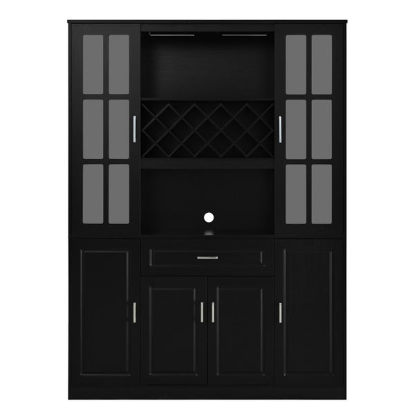 English Elm U_style Tall Freestanding Bar Cabinet with Wine Rack Stemware Holder and Soft Close Doors WY000555AAB