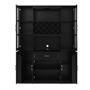 English Elm U_style Tall Freestanding Bar Cabinet with Wine Rack Stemware Holder and Soft Close Doors WY000555AAB