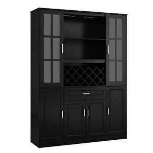 English Elm U_style Tall Freestanding Bar Cabinet with Wine Rack Stemware Holder and Soft Close Doors WY000555AAB