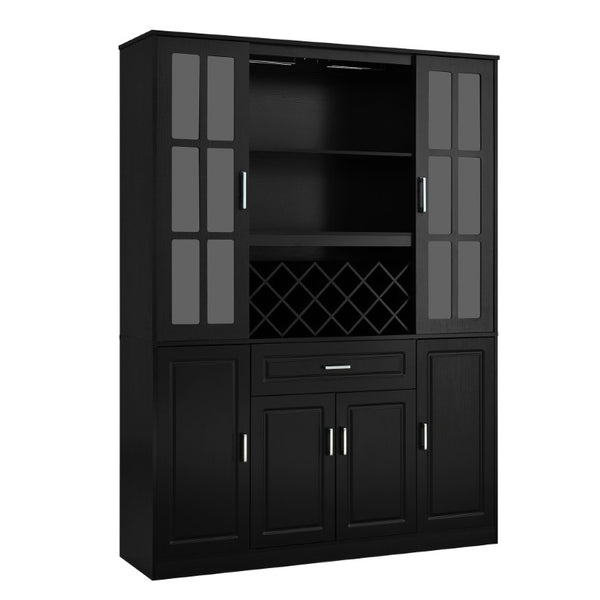 English Elm U_style Tall Freestanding Bar Cabinet with Wine Rack Stemware Holder and Soft Close Doors WY000555AAB