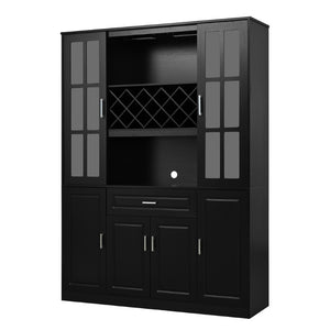 English Elm U_style Tall Freestanding Bar Cabinet with Wine Rack Stemware Holder and Soft Close Doors WY000555AAB