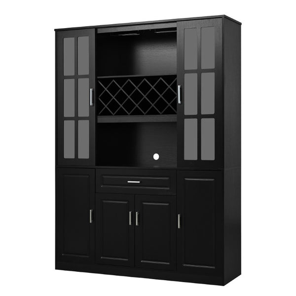 English Elm U_style Tall Freestanding Bar Cabinet with Wine Rack Stemware Holder and Soft Close Doors WY000555AAB