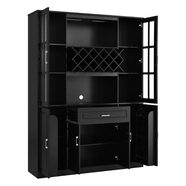 English Elm U_style Tall Freestanding Bar Cabinet with Wine Rack Stemware Holder and Soft Close Doors WY000555AAB