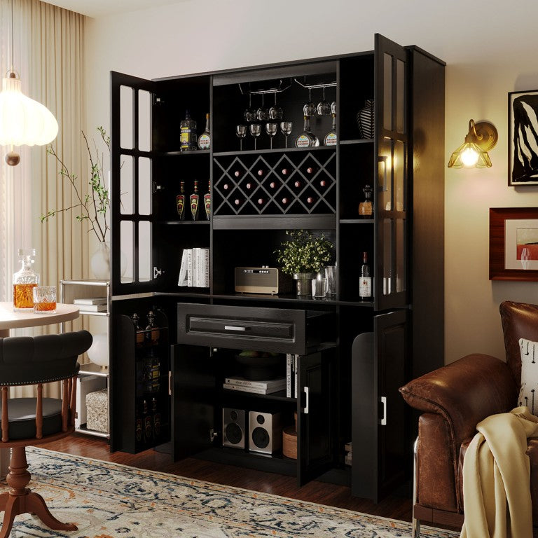 English Elm U_style Tall Freestanding Bar Cabinet with Wine Rack Stemware Holder and Soft Close Doors WY000555AAB
