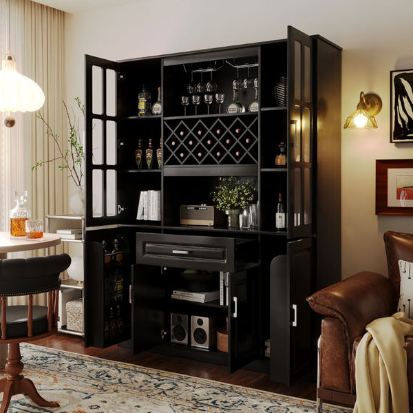 English Elm U_style Tall Freestanding Bar Cabinet with Wine Rack Stemware Holder and Soft Close Doors WY000555AAB
