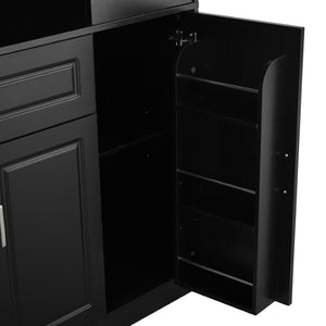 English Elm U_style Tall Freestanding Bar Cabinet with Wine Rack Stemware Holder and Soft Close Doors WY000555AAB