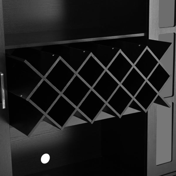 English Elm U_style Tall Freestanding Bar Cabinet with Wine Rack Stemware Holder and Soft Close Doors WY000555AAB