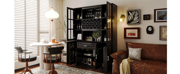 English Elm U_style Tall Freestanding Bar Cabinet with Wine Rack Stemware Holder and Soft Close Doors WY000555AAB