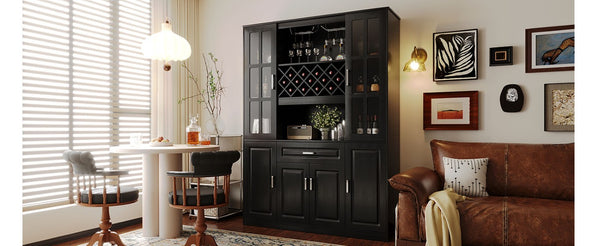 English Elm U_style Tall Freestanding Bar Cabinet with Wine Rack Stemware Holder and Soft Close Doors WY000555AAB