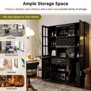 English Elm U_style Tall Freestanding Bar Cabinet with Wine Rack Stemware Holder and Soft Close Doors WY000555AAB