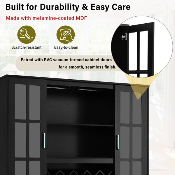 English Elm U_style Tall Freestanding Bar Cabinet with Wine Rack Stemware Holder and Soft Close Doors WY000555AAB