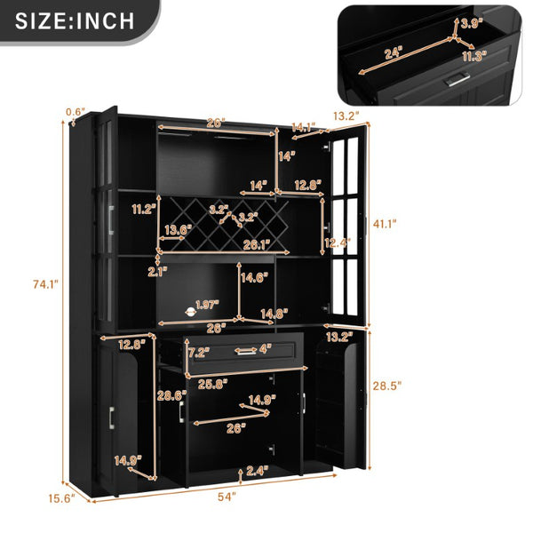 English Elm U_style Tall Freestanding Bar Cabinet with Wine Rack Stemware Holder and Soft Close Doors WY000555AAB