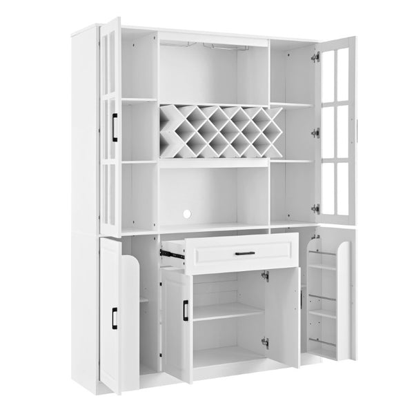 English Elm U_style 72 Inch Freestanding Bar Cabinet with App LED Lighting and Wine Storage White WY000555AAK