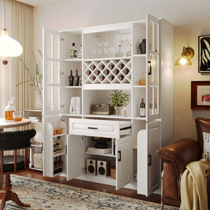 English Elm U_style 72 Inch Freestanding Bar Cabinet with App LED Lighting and Wine Storage White WY000555AAK